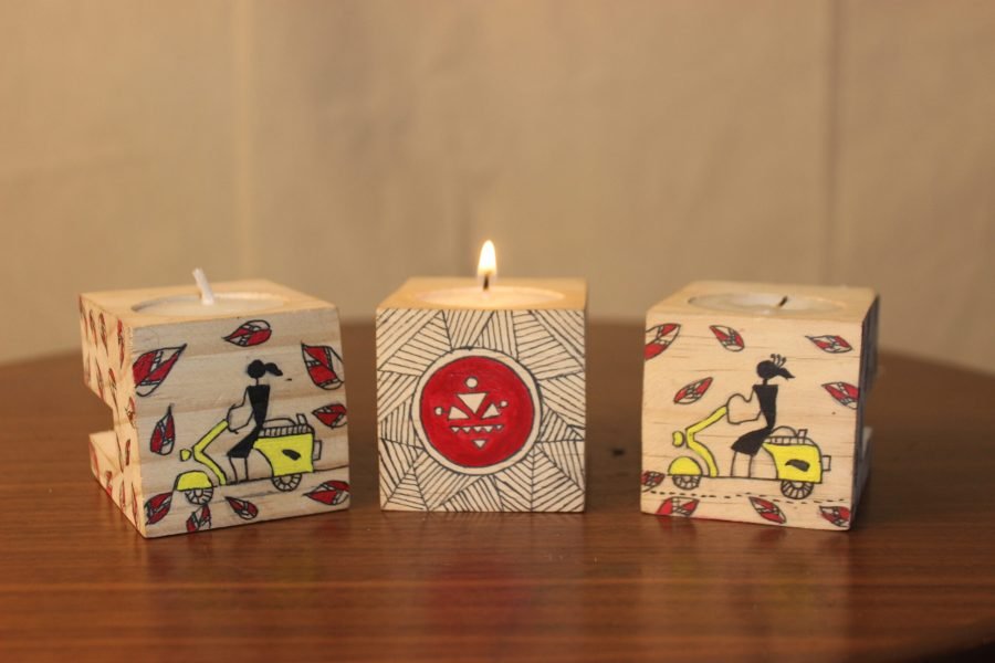 Candle Holder Warli Handpainted- Set of 3  (Assorted)