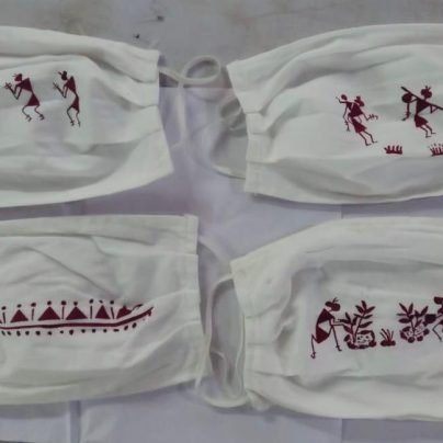Warli Hand painted White Cotton masks ( Set of 4)