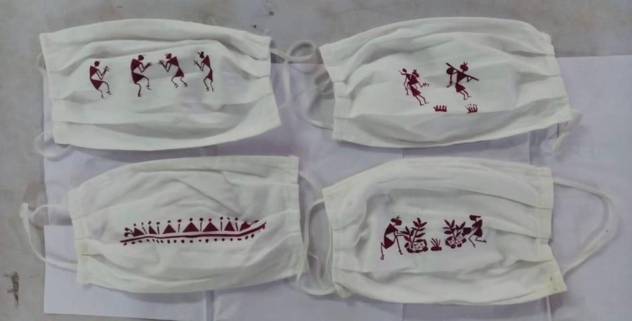 Warli Hand painted White Cotton masks ( Set of 4)