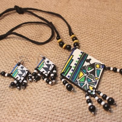 Warli Hand-painted Necklace Set with colourful Mosaic